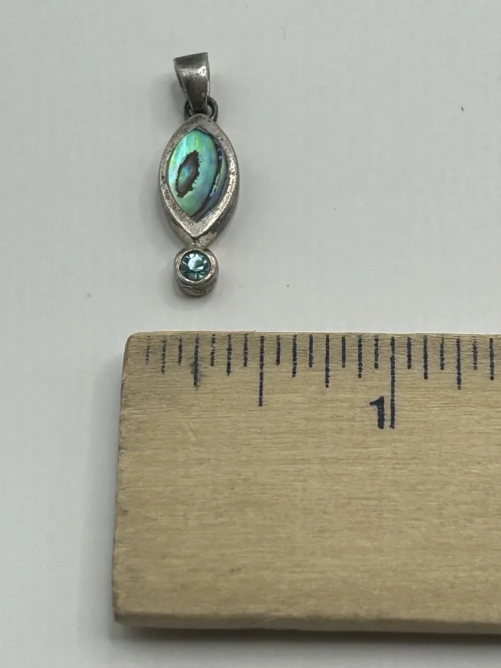 Vintage Sterling Silver Abalone Pendant Marquise Inlay Blue Stone Accent - Picture 10 of 12